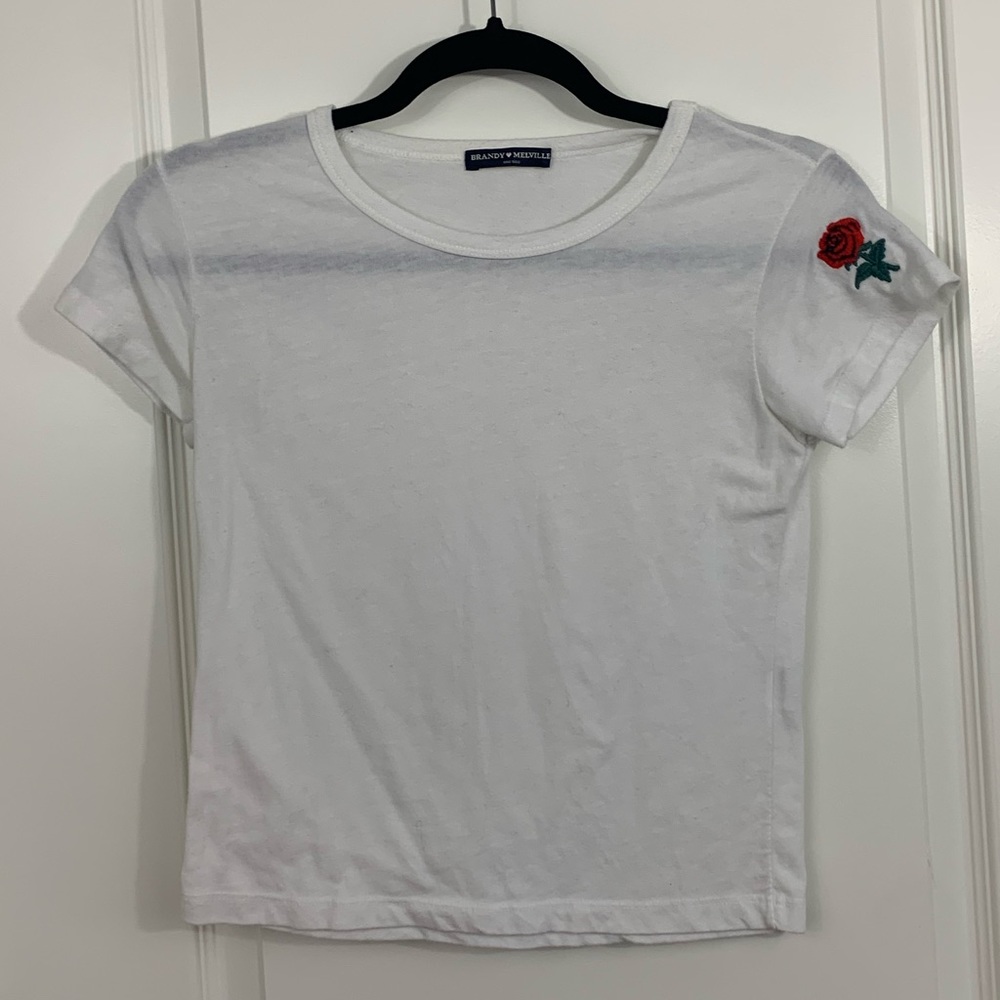Brandy Melville White Crop Top with Rose on Sleeve